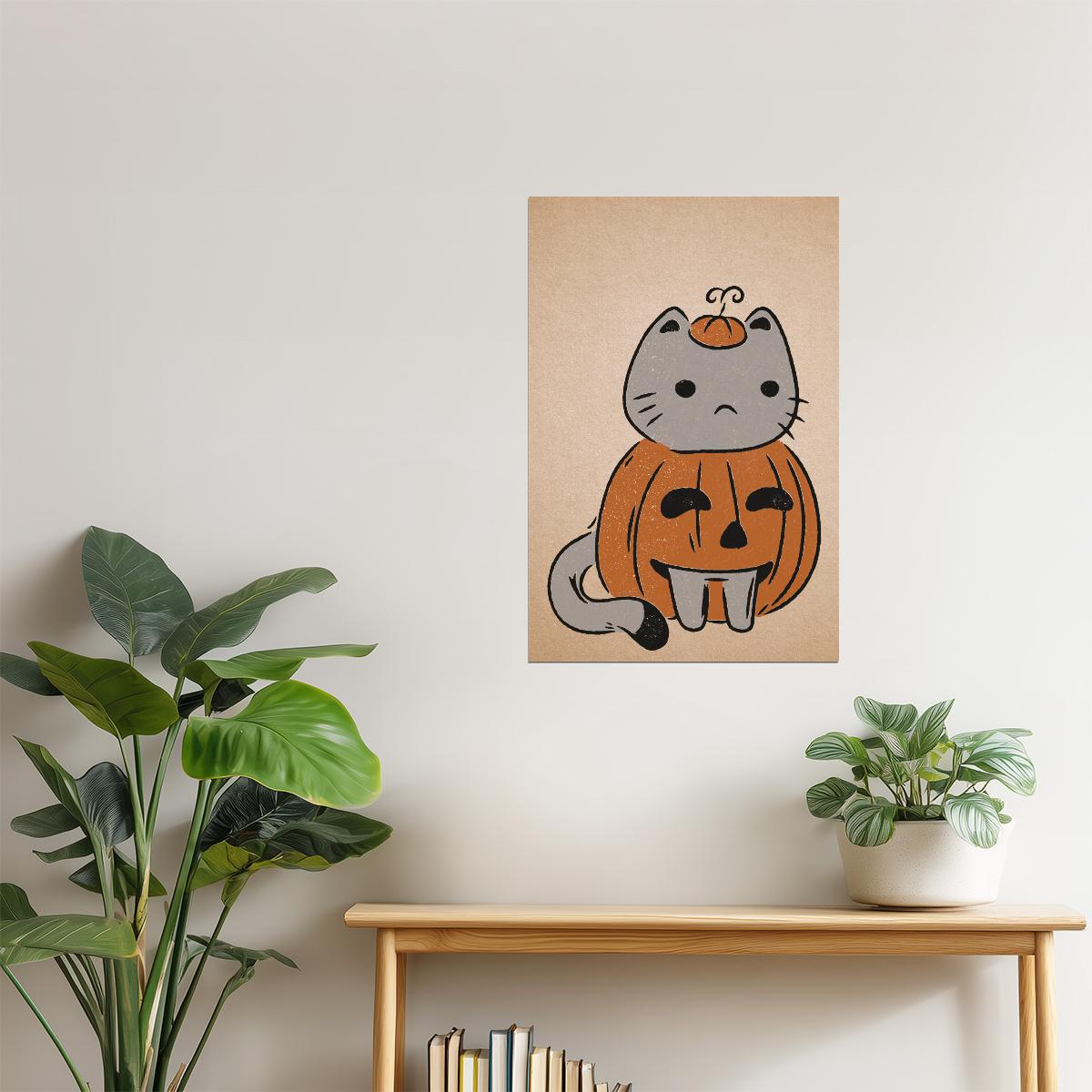 Cat in Pumpkin Costume | Boho Minimalist Cute Halloween Wall Art Poster