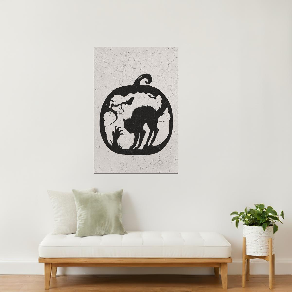Black Cat in Pumpkin | Boho Minimalist Halloween Wall Art Poster