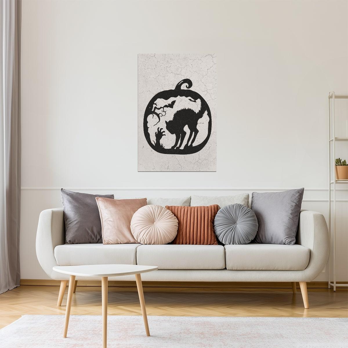 Black Cat in Pumpkin | Boho Minimalist Halloween Wall Art Poster