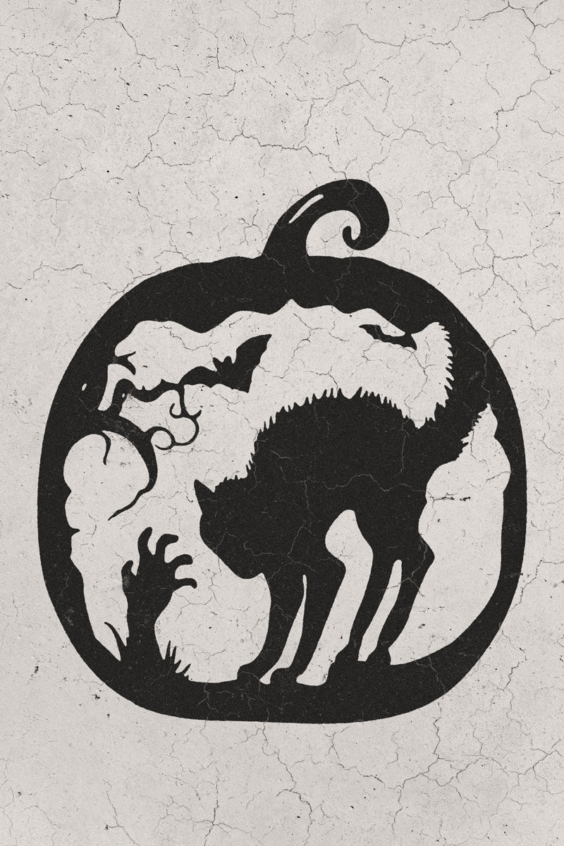 Black Cat in Pumpkin | Boho Minimalist Halloween Wall Art Poster