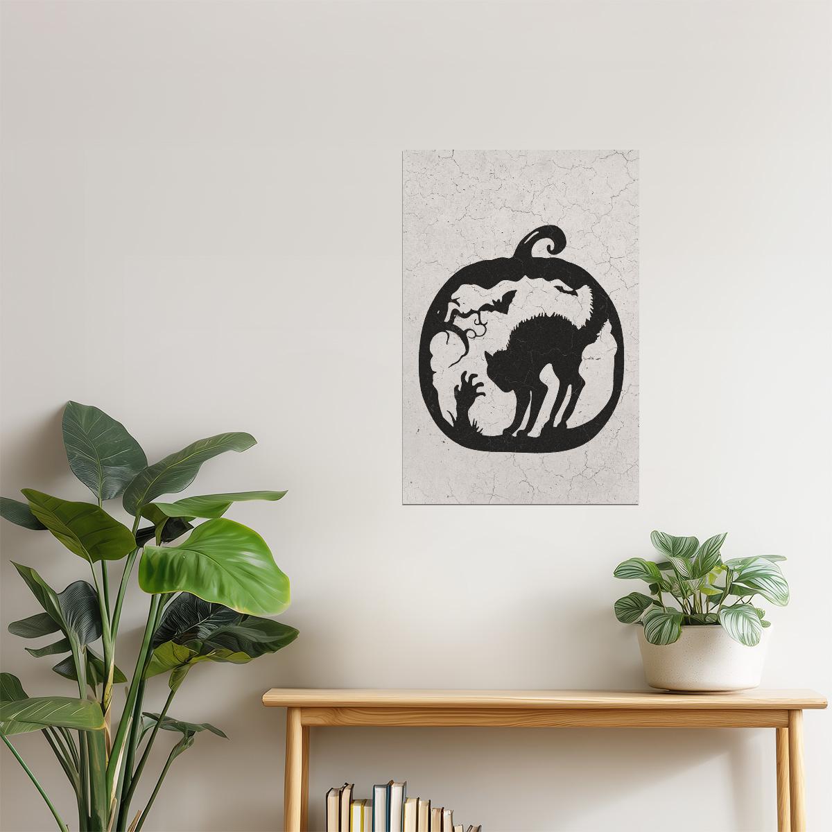 Black Cat in Pumpkin | Boho Minimalist Halloween Wall Art Poster