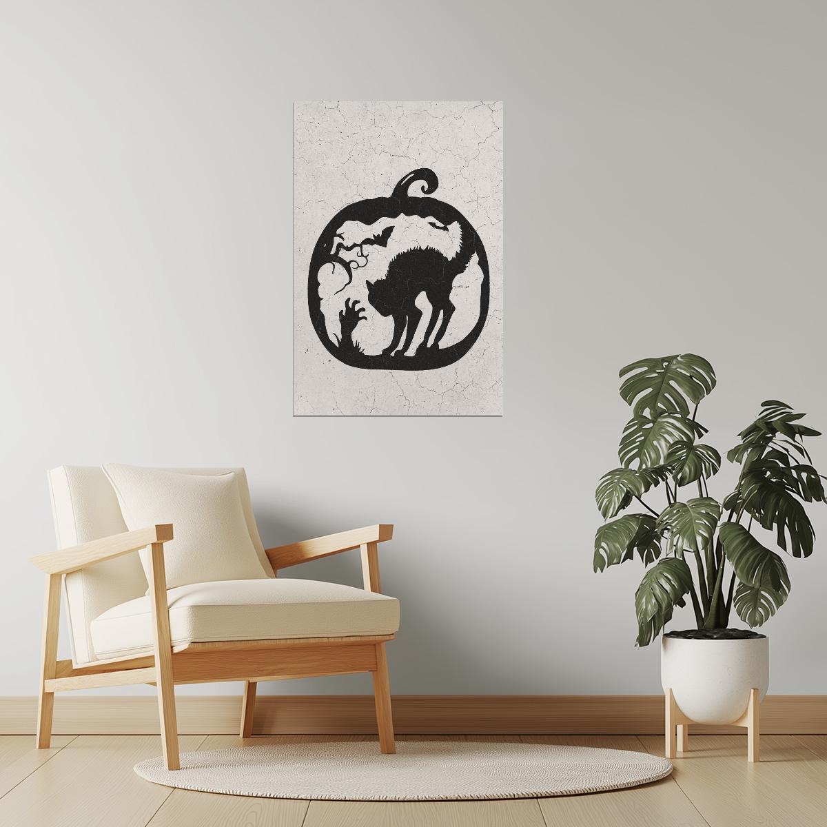 Black Cat in Pumpkin | Boho Minimalist Halloween Wall Art Poster