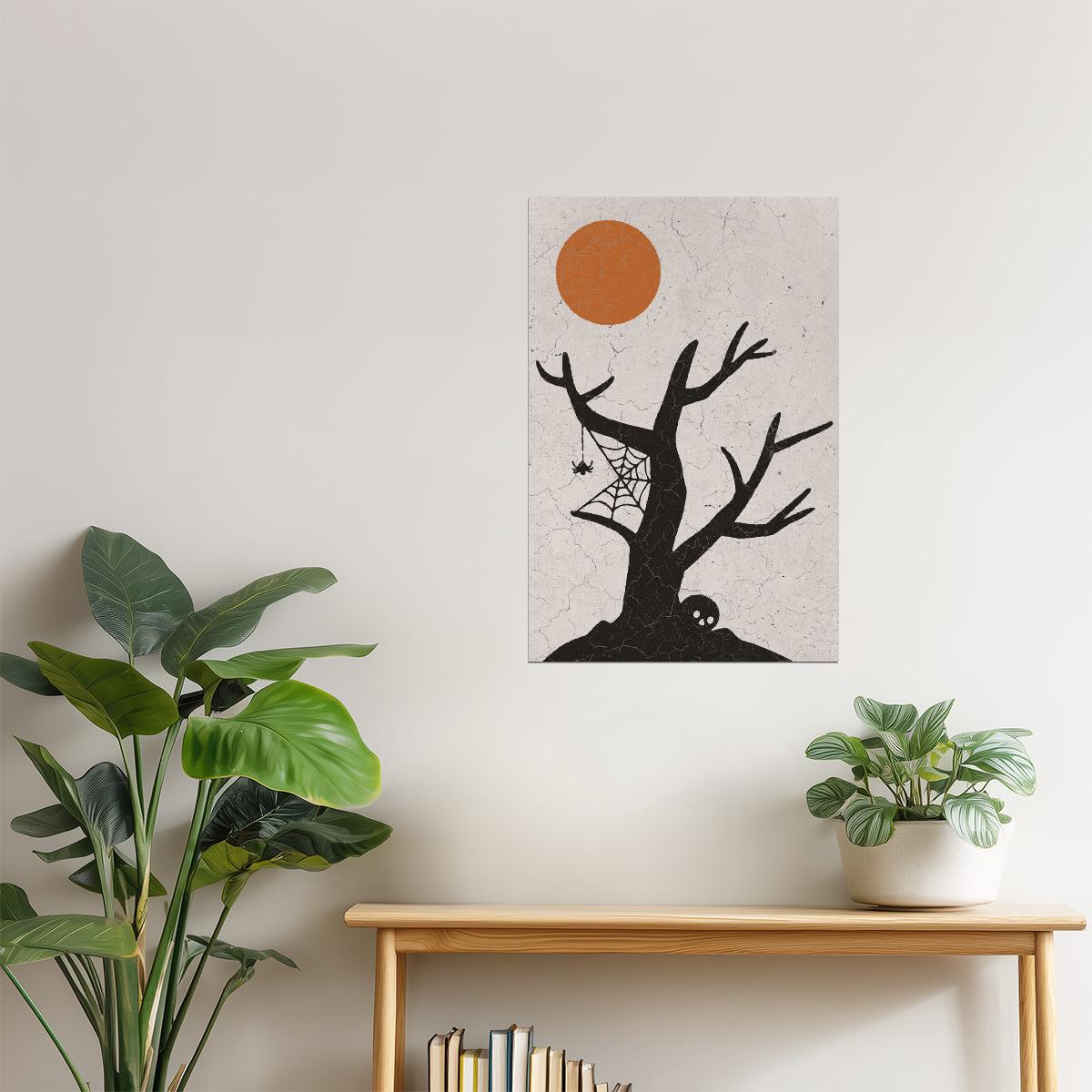 Haunted Tree with Moon | Boho Minimalist Creepy Halloween Wall Art Poster