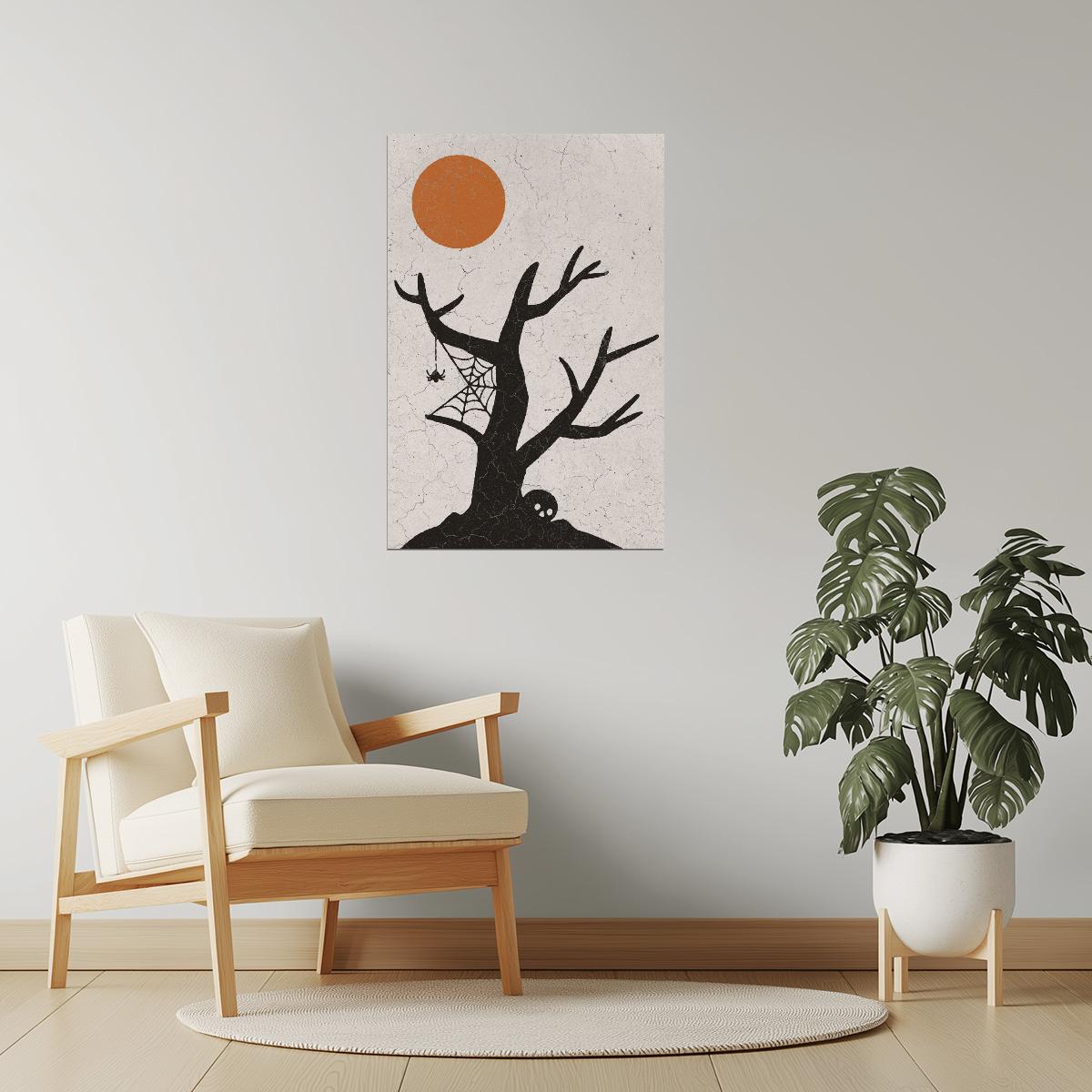 Haunted Tree with Moon | Boho Minimalist Creepy Halloween Wall Art Poster