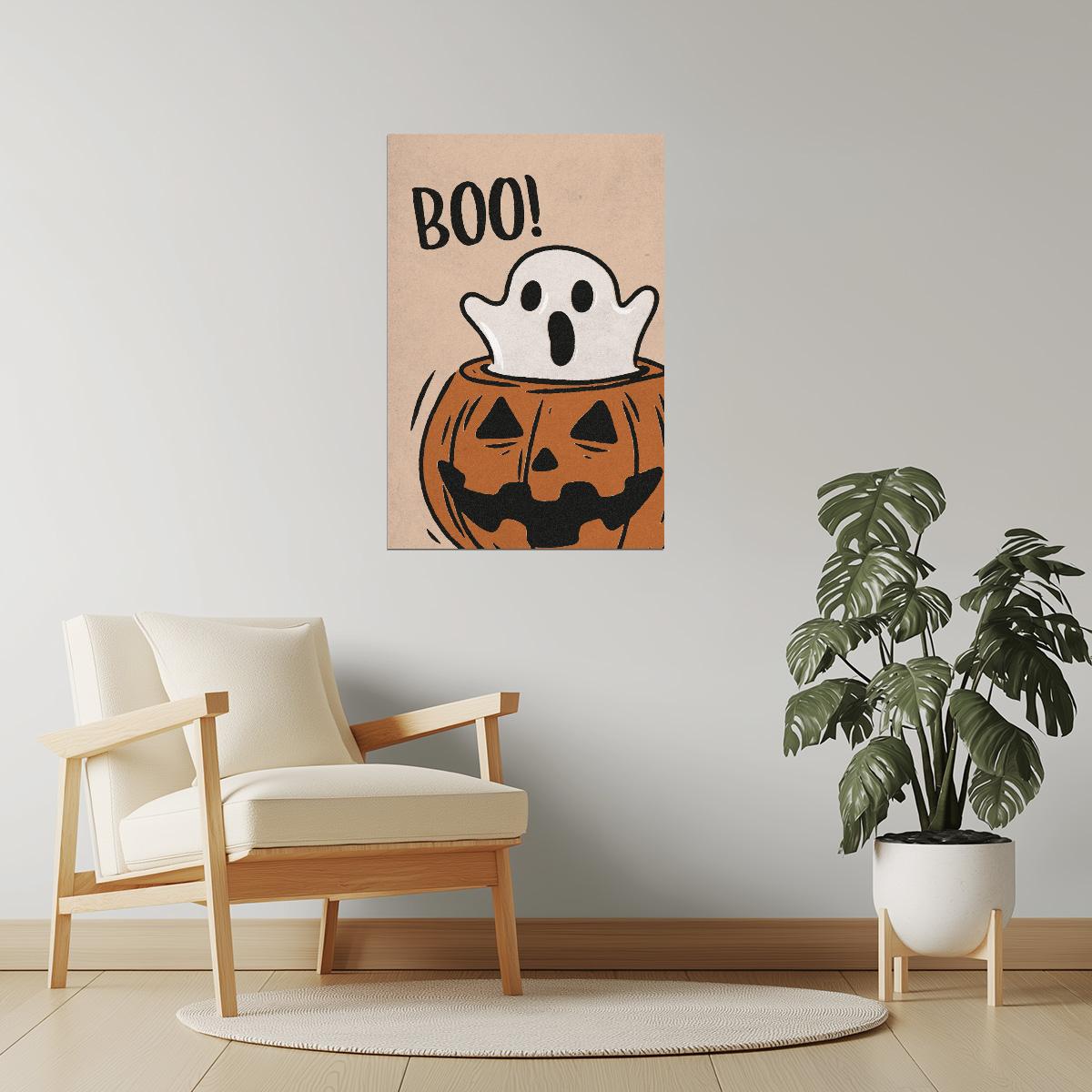 Boo Ghost in Pumpkin | Boho Minimalist Cute Halloween Wall Art Poster