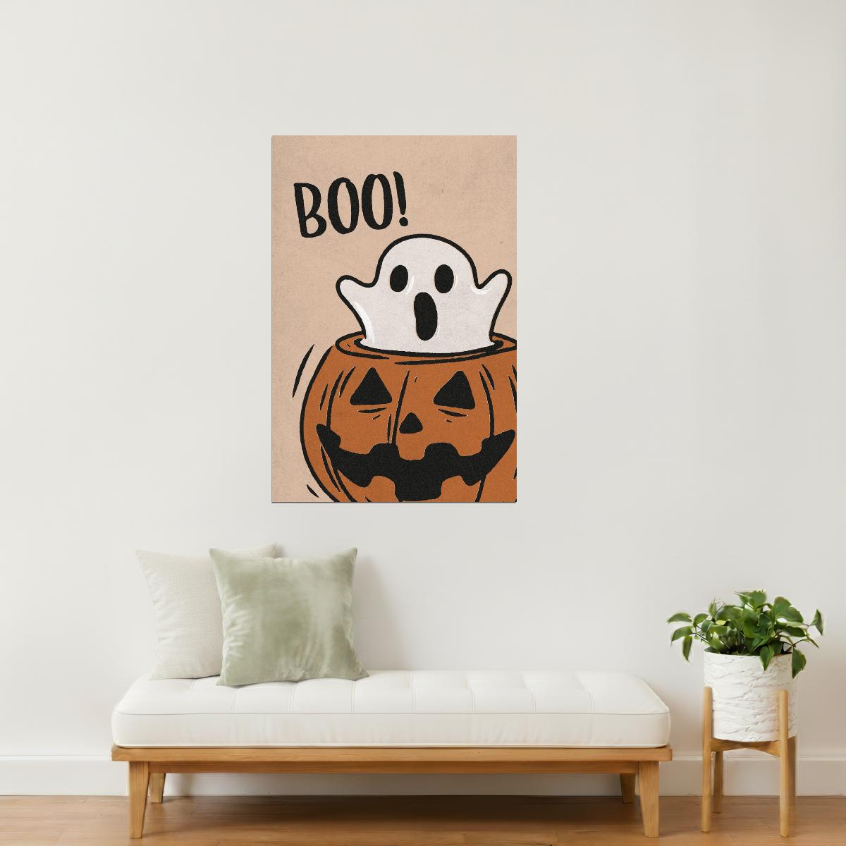 Boo Ghost in Pumpkin | Boho Minimalist Cute Halloween Wall Art Poster