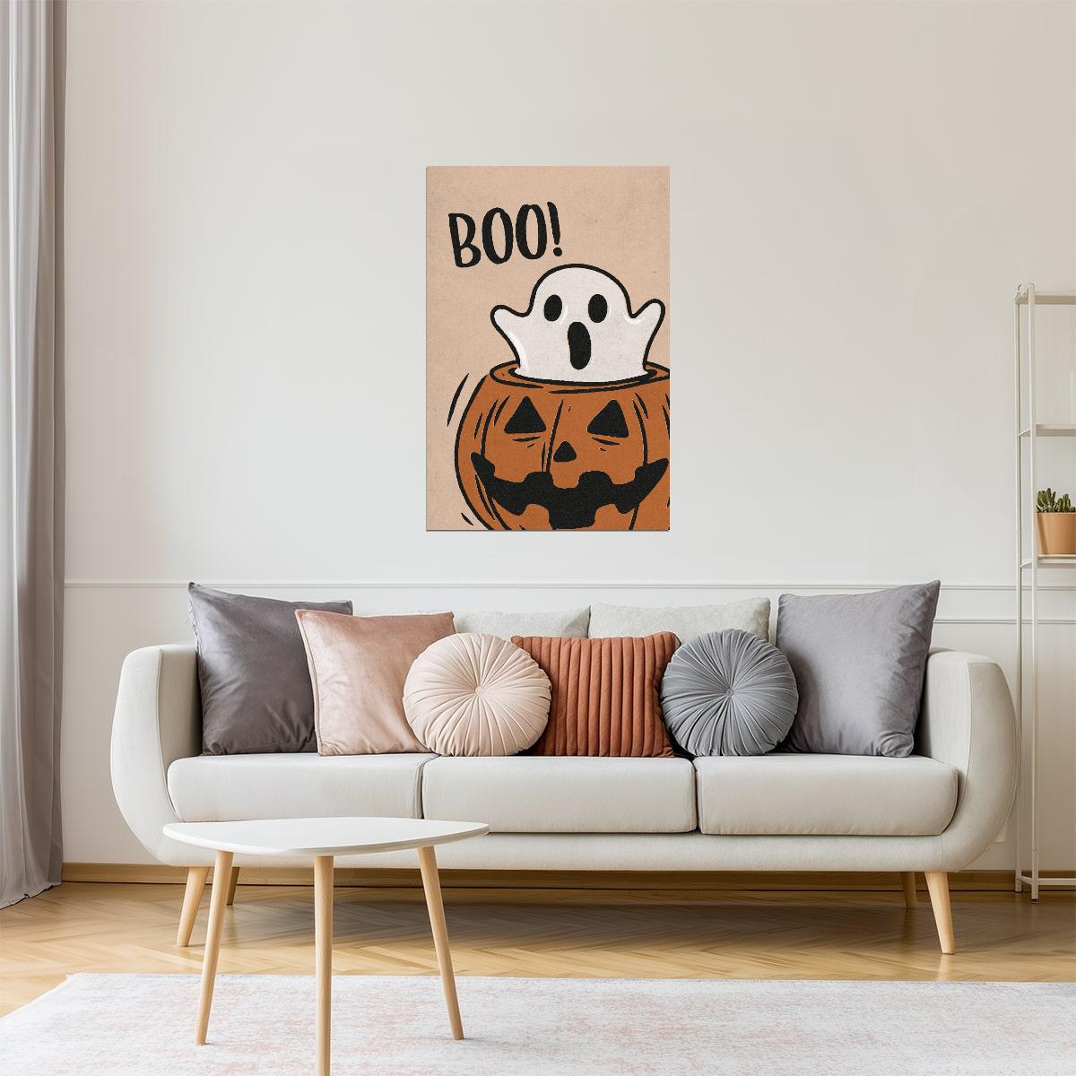 Boo Ghost in Pumpkin | Boho Minimalist Cute Halloween Wall Art Poster