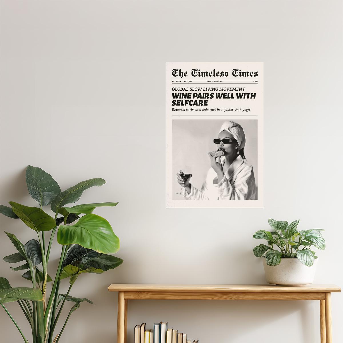 Wine Pairs Well with Self Care | Retro Newspaper Wall Art Poster