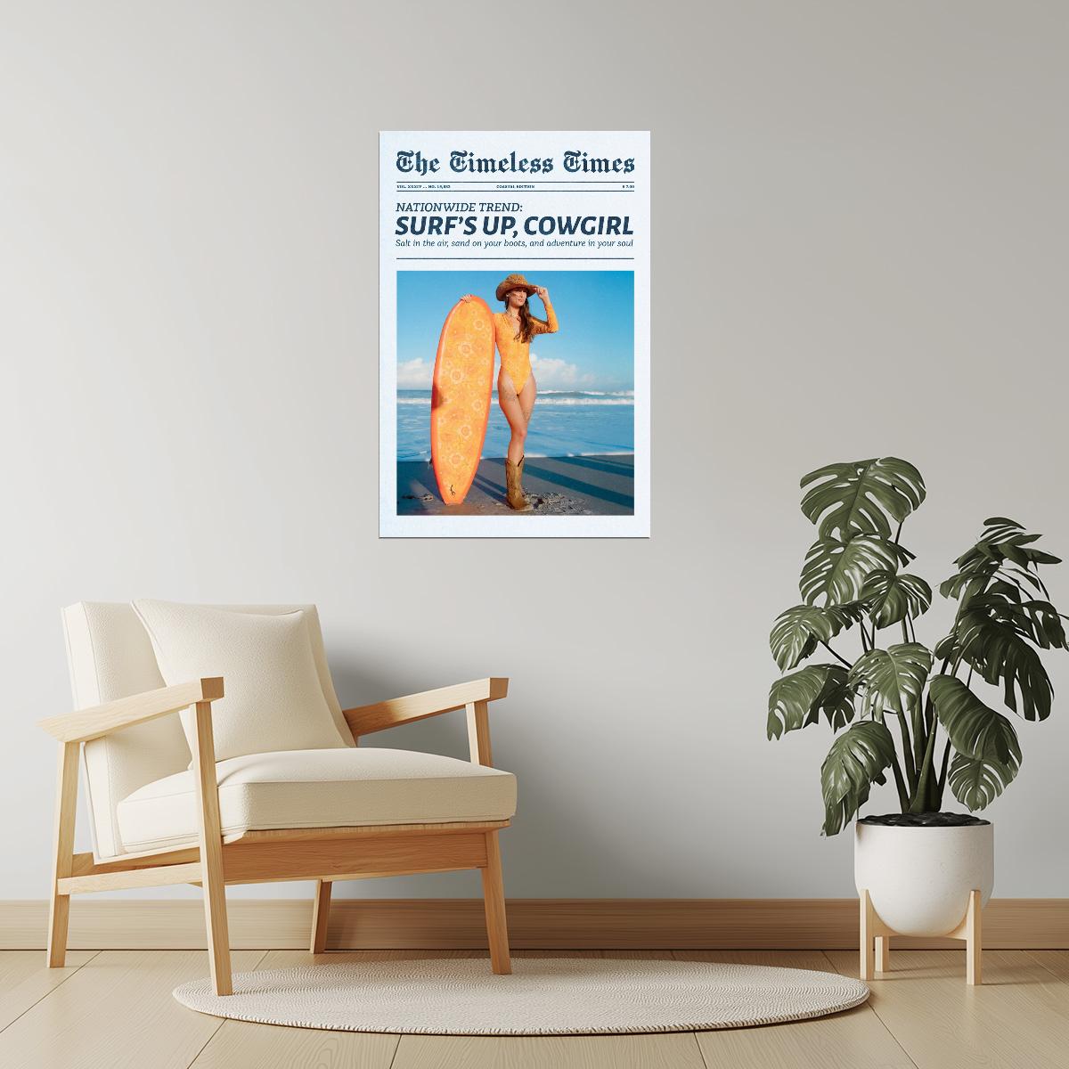 Surf’s Up Cowgirl | Coastal Western Newspaper Print Poster