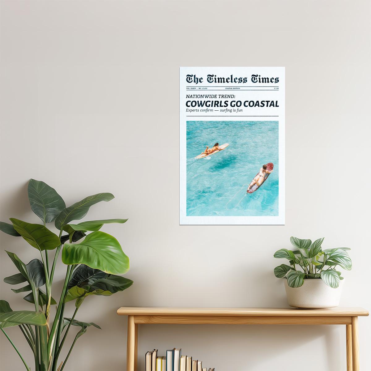 Cowgirls Go Coastal | Surfer Girl Newspaper Wall Art Poster