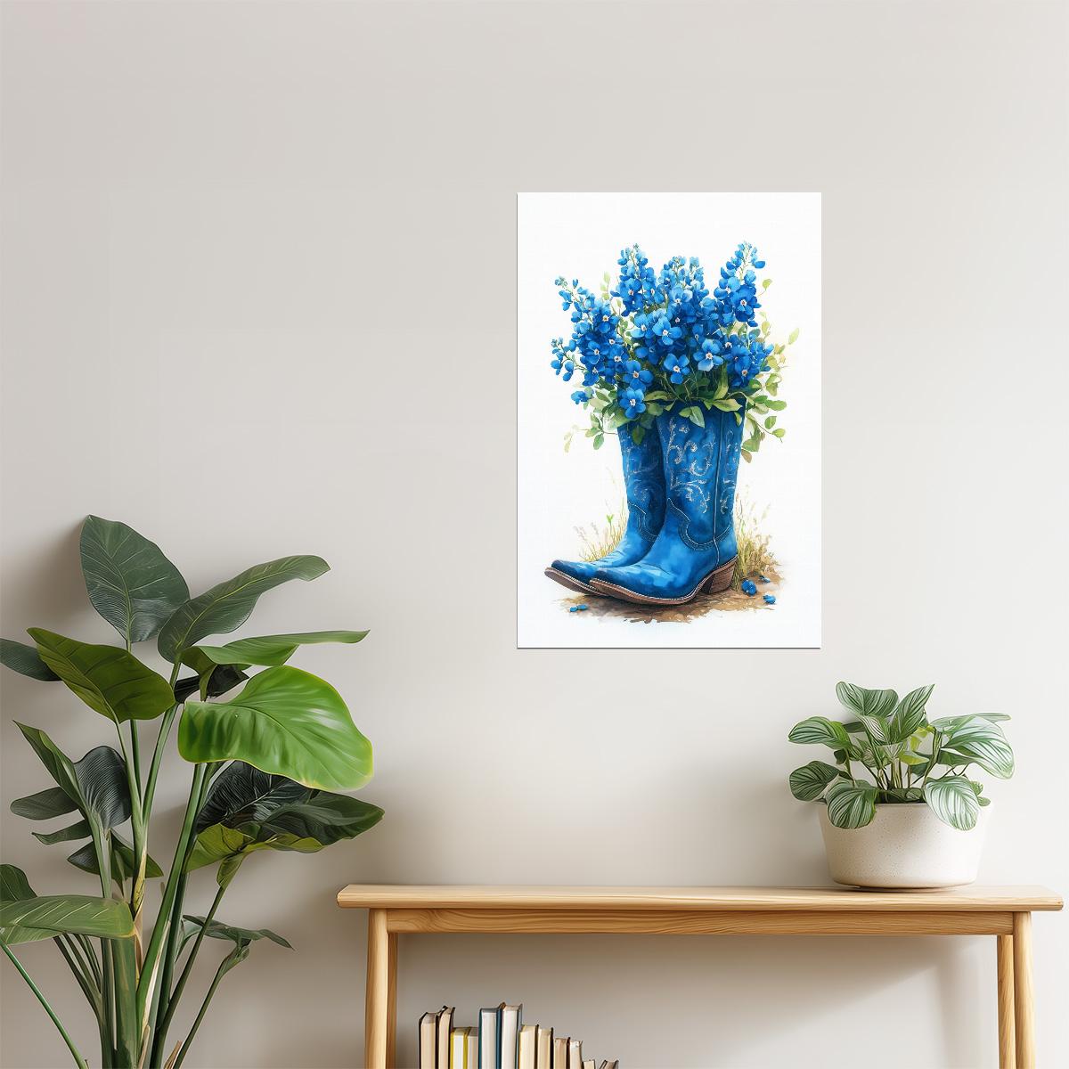Blue Boots with Flowers | Watercolor Cowgirl Western Print Poster