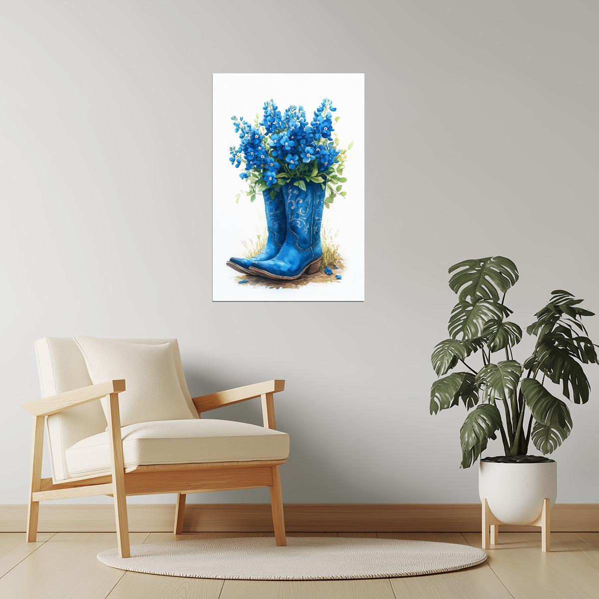 Blue Boots with Flowers | Watercolor Cowgirl Western Print Poster