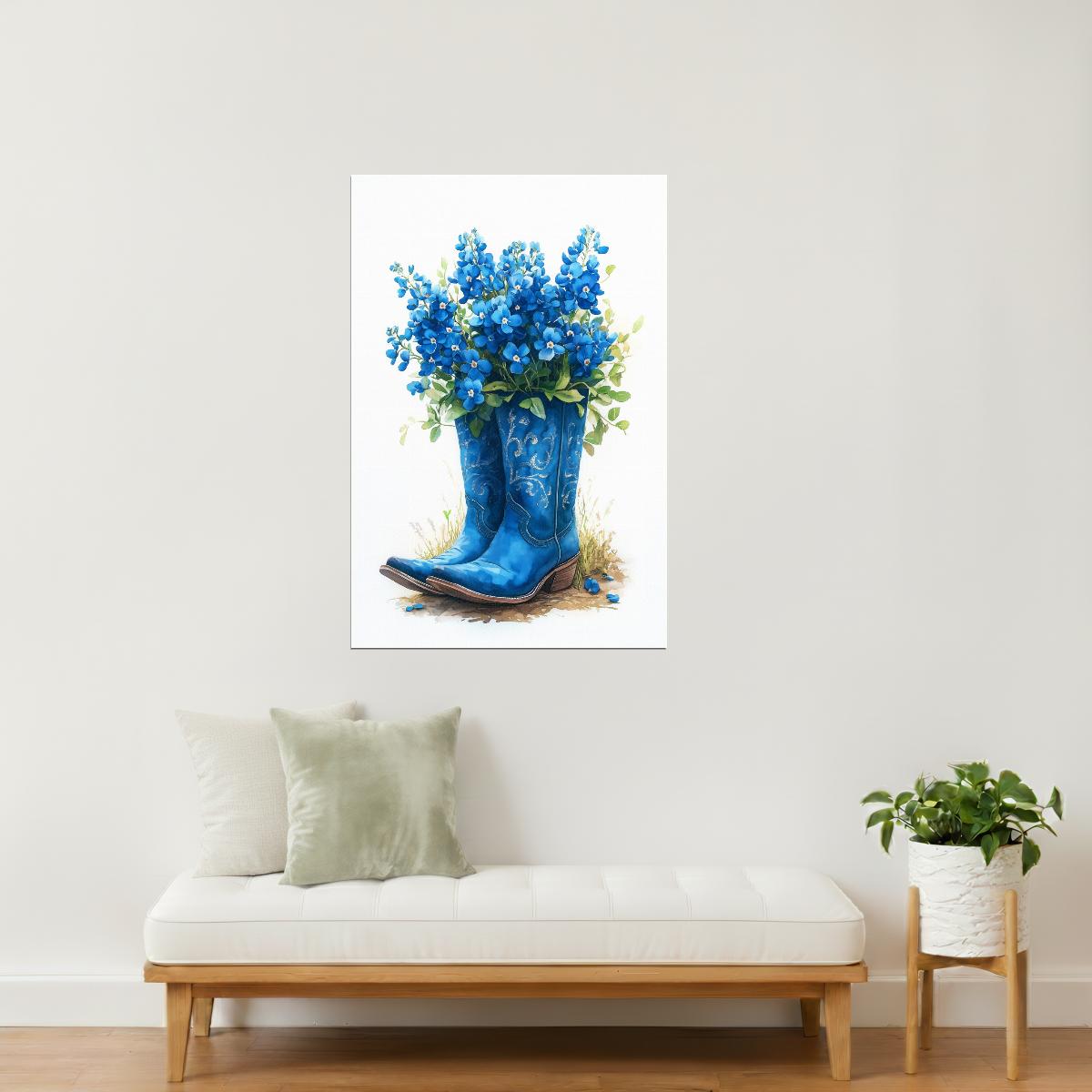 Blue Boots with Flowers | Watercolor Cowgirl Western Print Poster