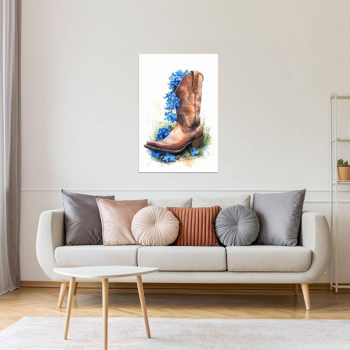 Brown Boots with Blue Flowers | Watercolor Western Wall Art Poster