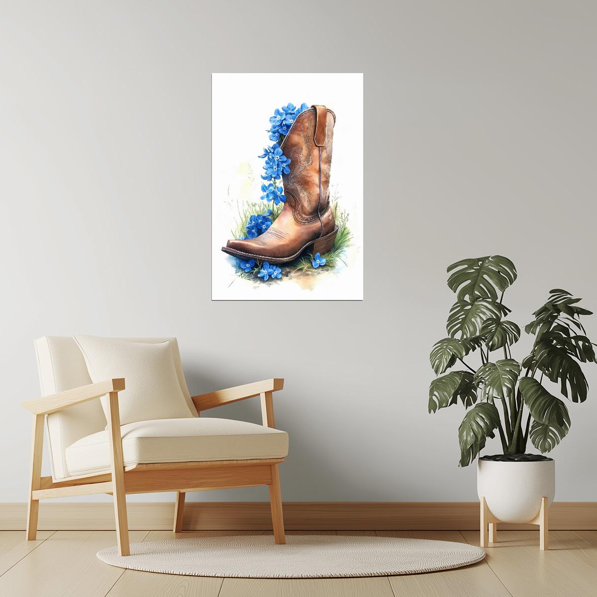 Brown Boots with Blue Flowers | Watercolor Western Wall Art Poster