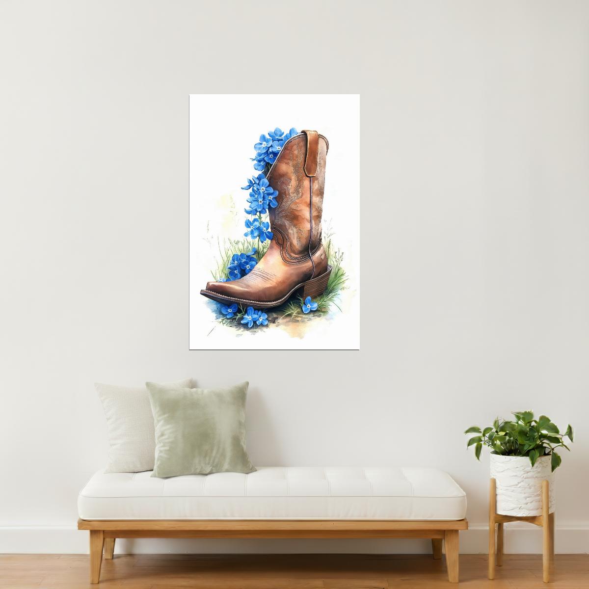 Brown Boots with Blue Flowers | Watercolor Western Wall Art Poster