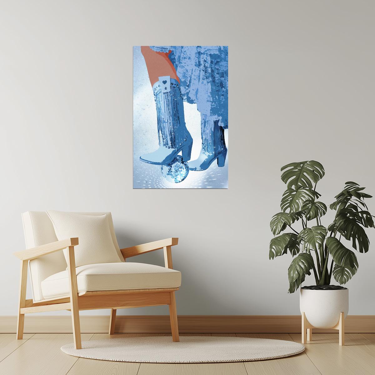 Disco Cowgirl Boots | Sparkly Blue Western Party Print Poster