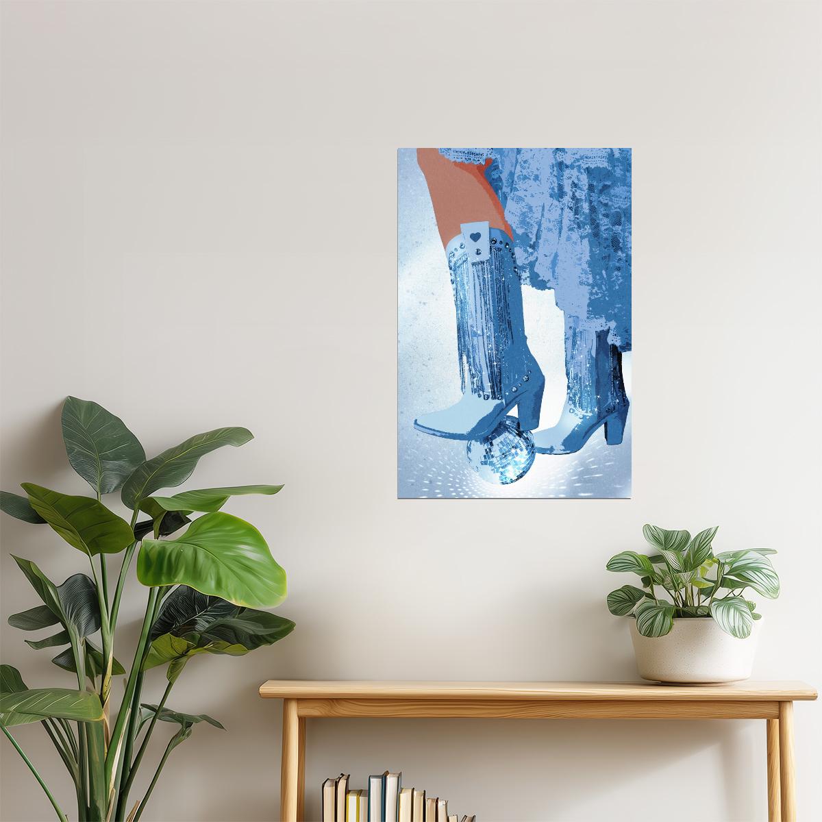 Disco Cowgirl Boots | Sparkly Blue Western Party Print Poster