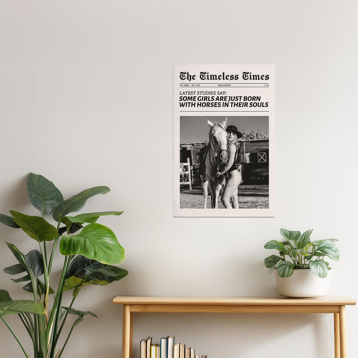 Born with Horses | Black and White Cowgirl Newspaper Wall Art Poster