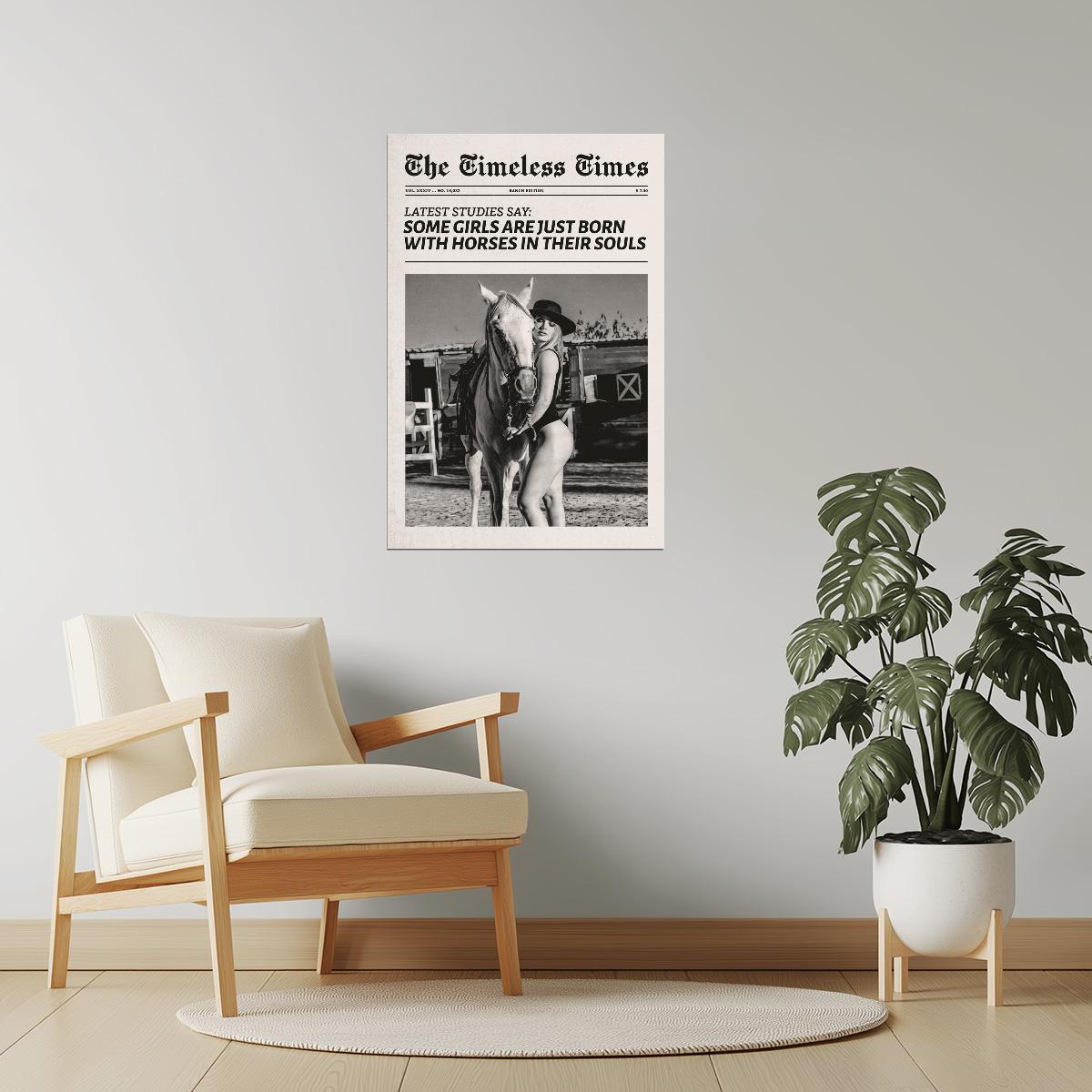 Born with Horses | Black and White Cowgirl Newspaper Wall Art Poster