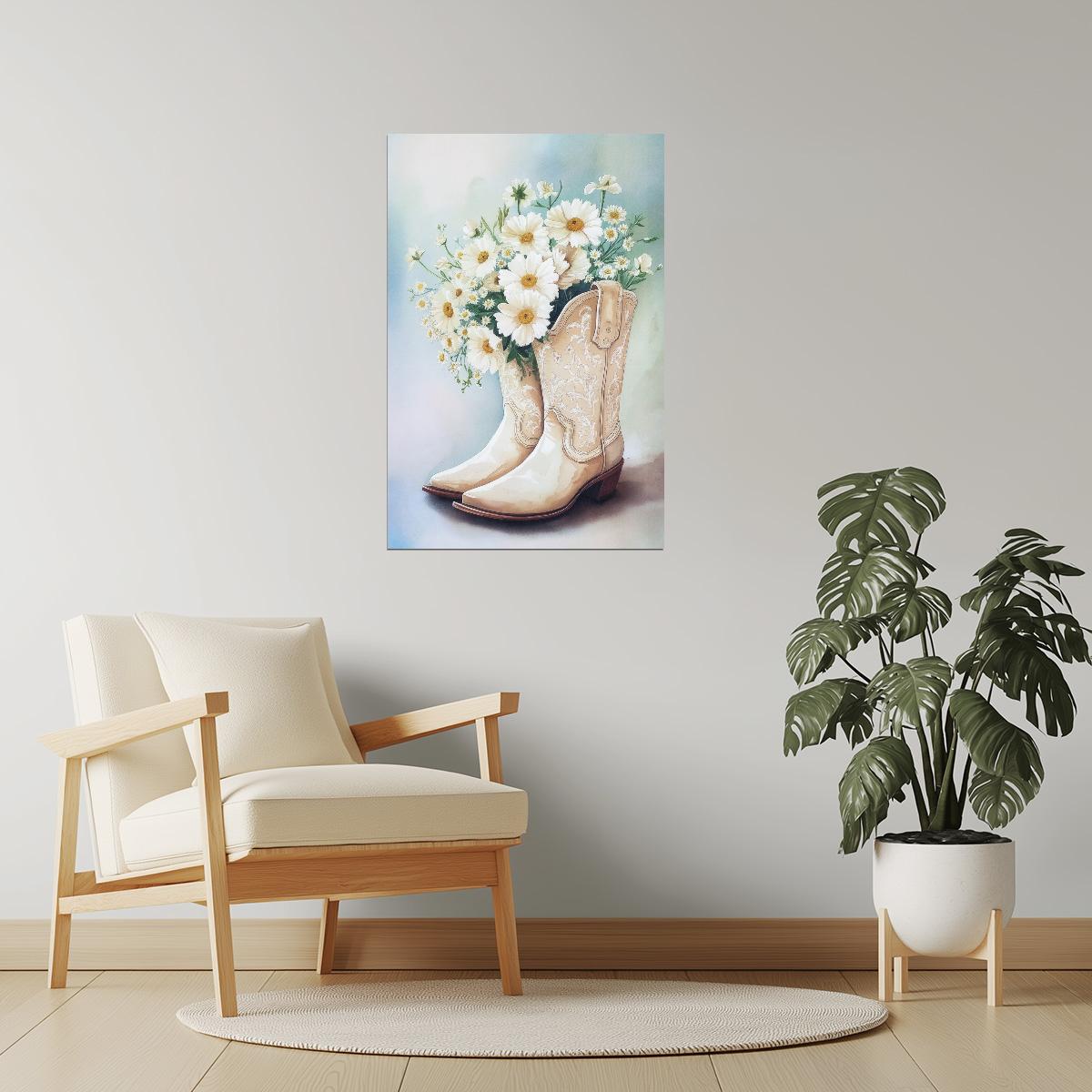 White Cowgirl Boots with Daisies | Watercolor Floral Western Print Poster