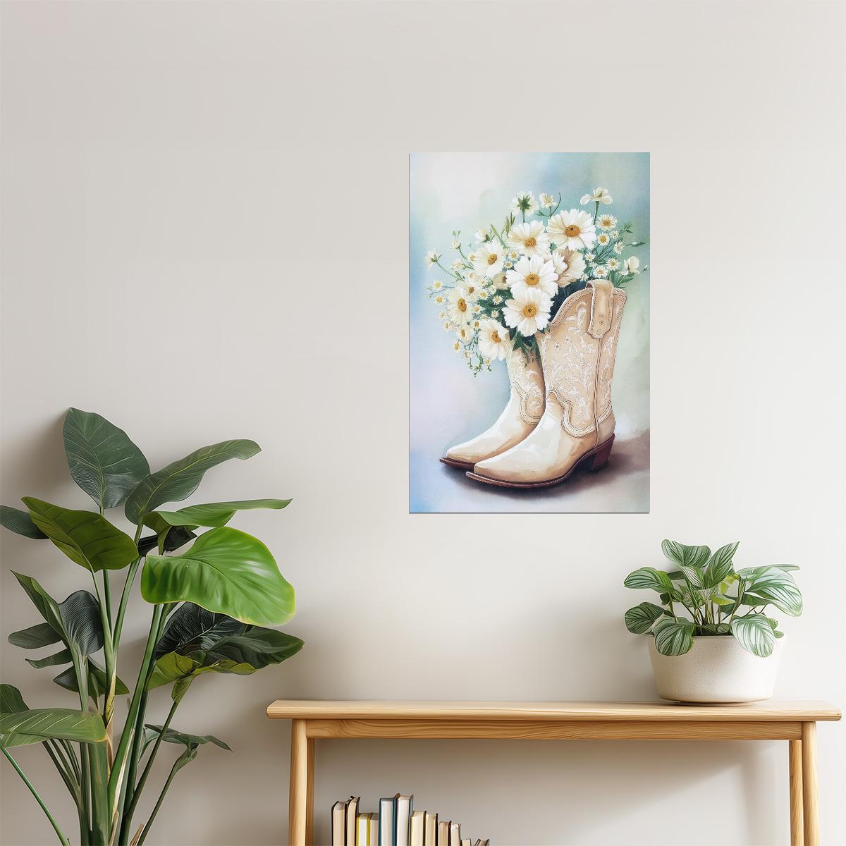 White Cowgirl Boots with Daisies | Watercolor Floral Western Print Poster