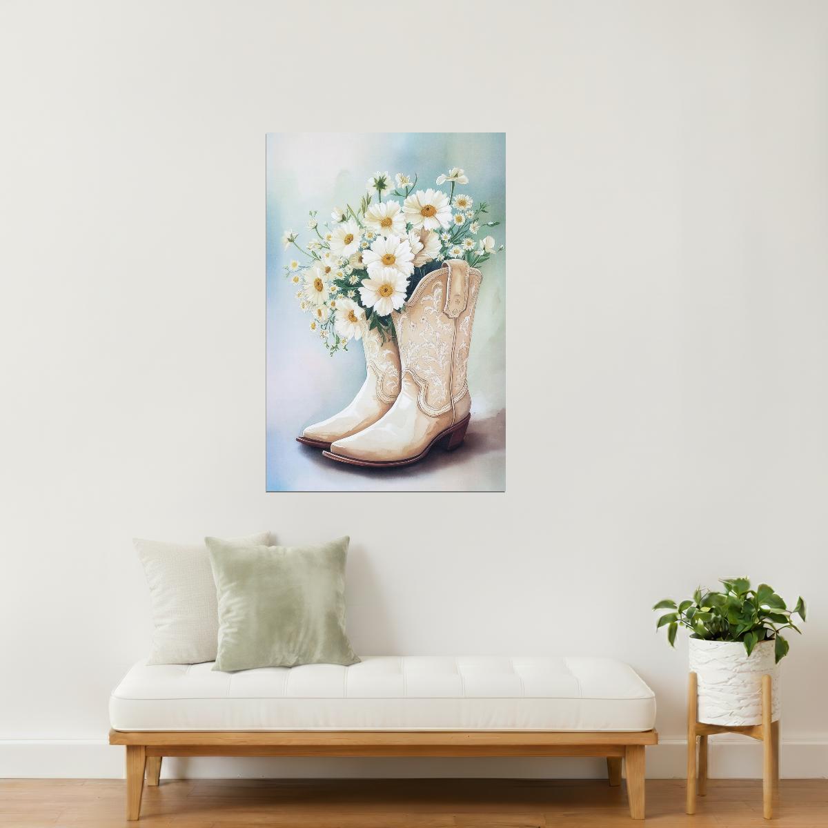 White Cowgirl Boots with Daisies | Watercolor Floral Western Print Poster