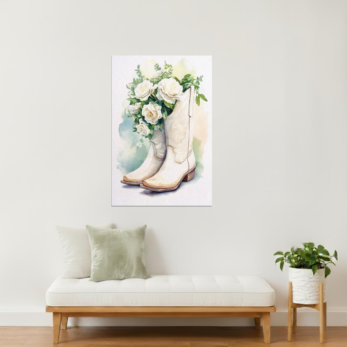 Cowgirl Boots with Roses | Watercolor Floral Western Wall Art Poster
