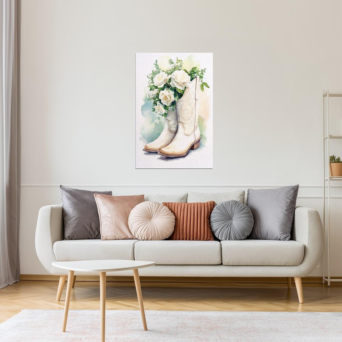Cowgirl Boots with Roses | Watercolor Floral Western Wall Art Poster