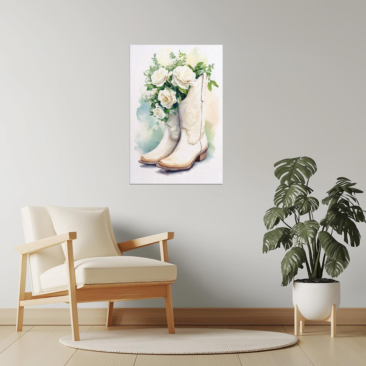 Cowgirl Boots with Roses | Watercolor Floral Western Wall Art Poster