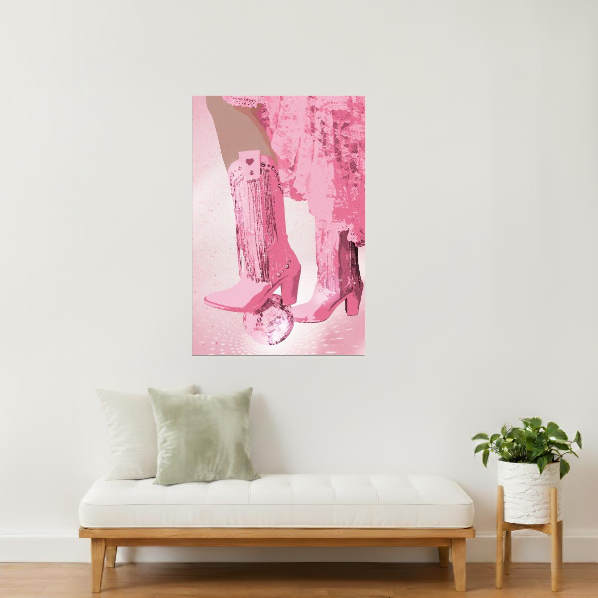 Disco Cowgirl Boots | Pink Fringe Party Western Wall Art Poster