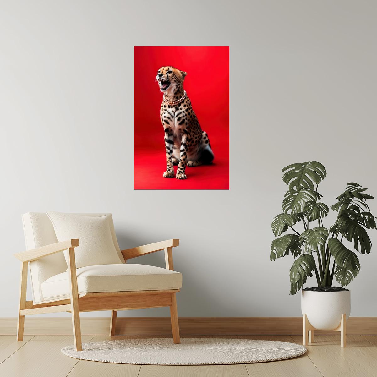 Elegant Cheetah on Red | Luxury Fashion-Inspired Big Cat Wall Art Poster