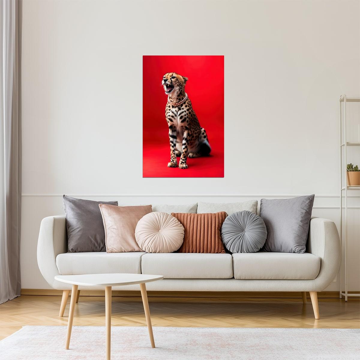 Elegant Cheetah on Red | Luxury Fashion-Inspired Big Cat Wall Art Poster