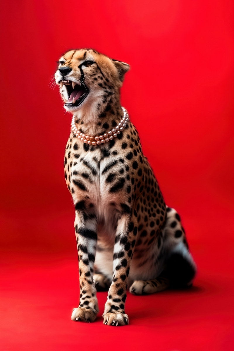 Elegant Cheetah on Red | Luxury Fashion-Inspired Big Cat Wall Art Poster
