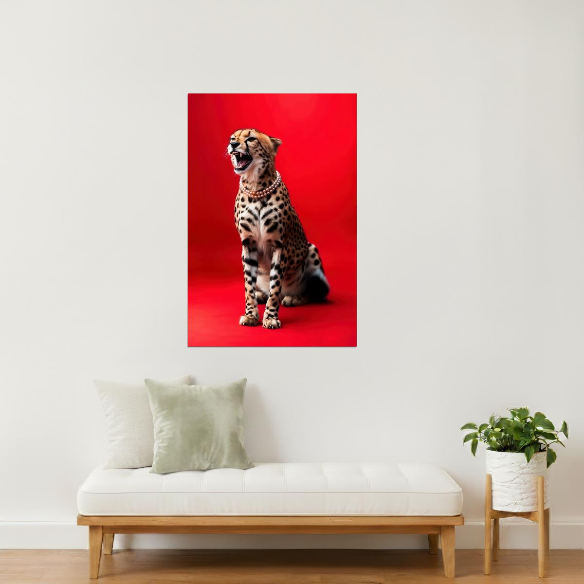 Elegant Cheetah on Red | Luxury Fashion-Inspired Big Cat Wall Art Poster
