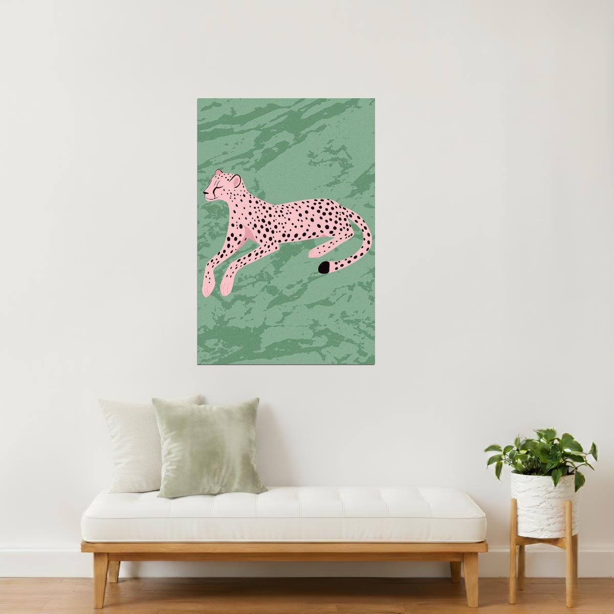 Pink Cheetah on Green Print | Eclectic Animal Cartoon Wall Decor Poster