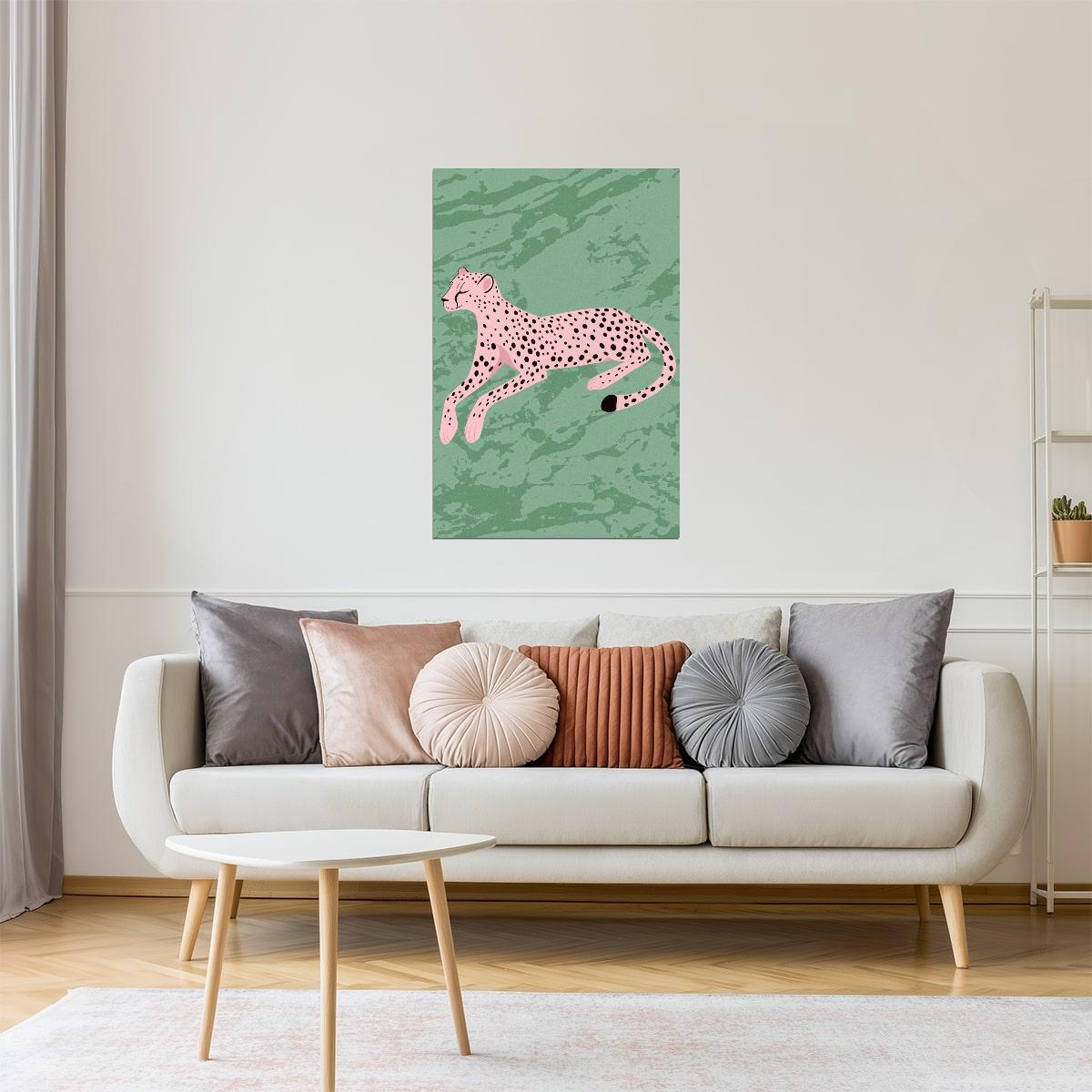 Pink Cheetah on Green Print | Eclectic Animal Cartoon Wall Decor Poster