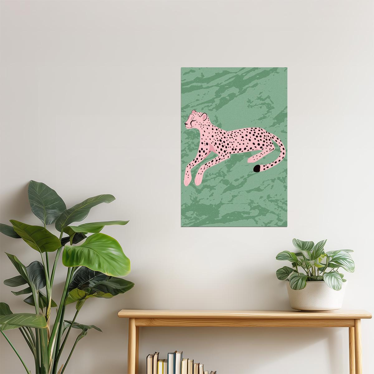 Pink Cheetah on Green Print | Eclectic Animal Cartoon Wall Decor Poster