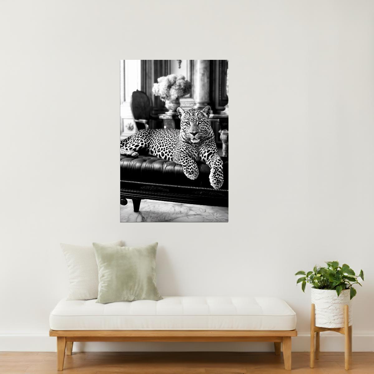 Leopard on Chaise in Black & White | Glamorous Art Photography Print Poster