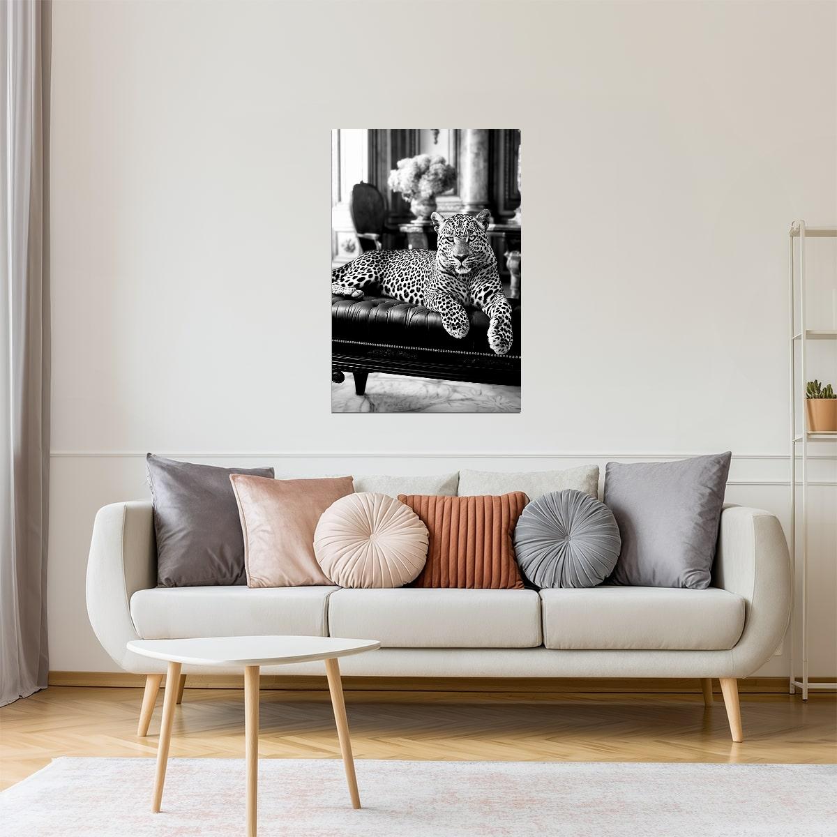 Leopard on Chaise in Black & White | Glamorous Art Photography Print Poster