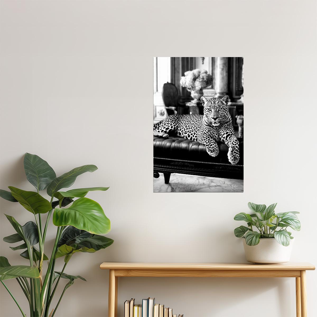 Leopard on Chaise in Black & White | Glamorous Art Photography Print Poster