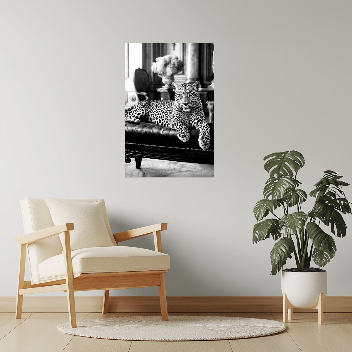 Leopard on Chaise in Black & White | Glamorous Art Photography Print Poster