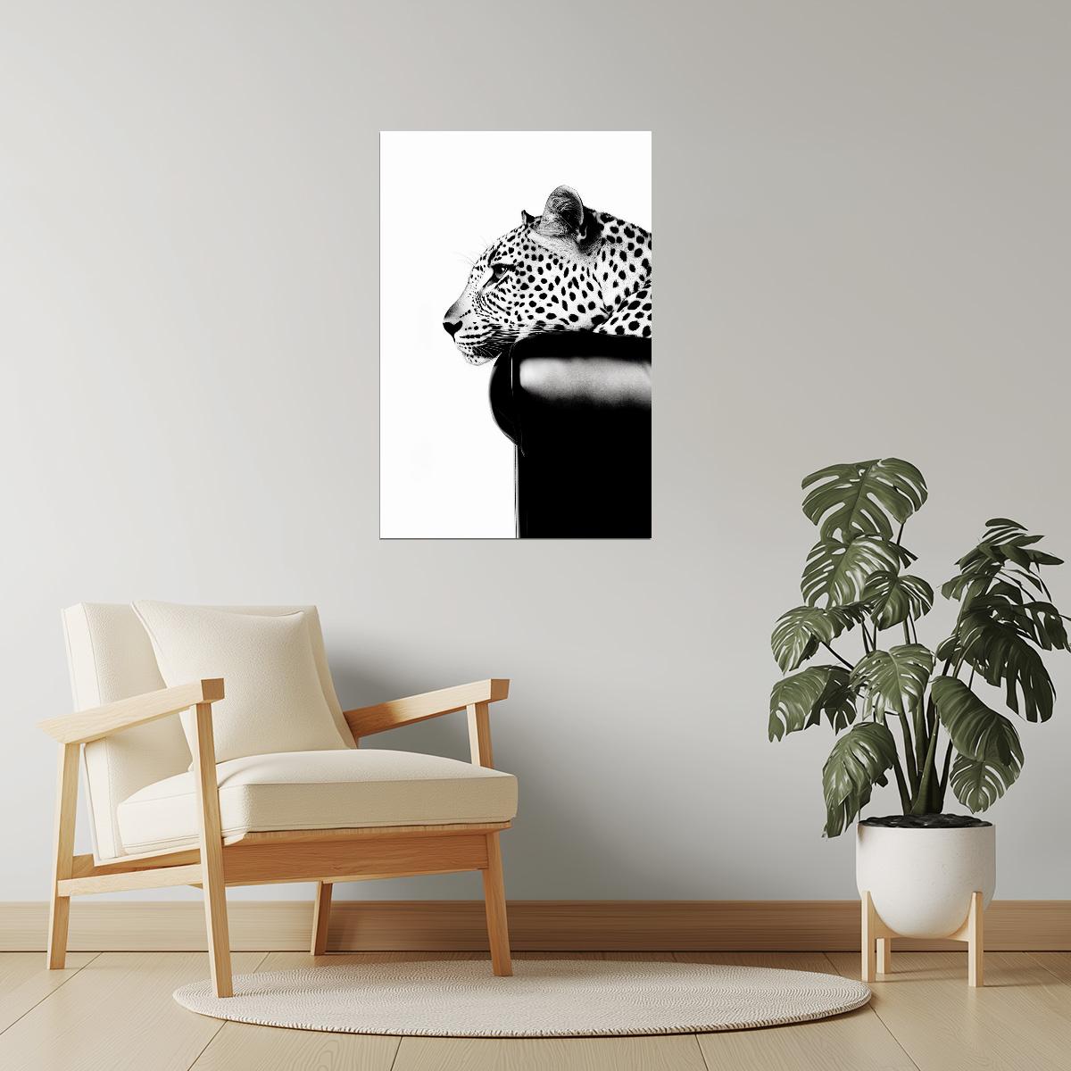Leopard Portrait in Black & White | Minimalist Jungle Cat Art Print Poster