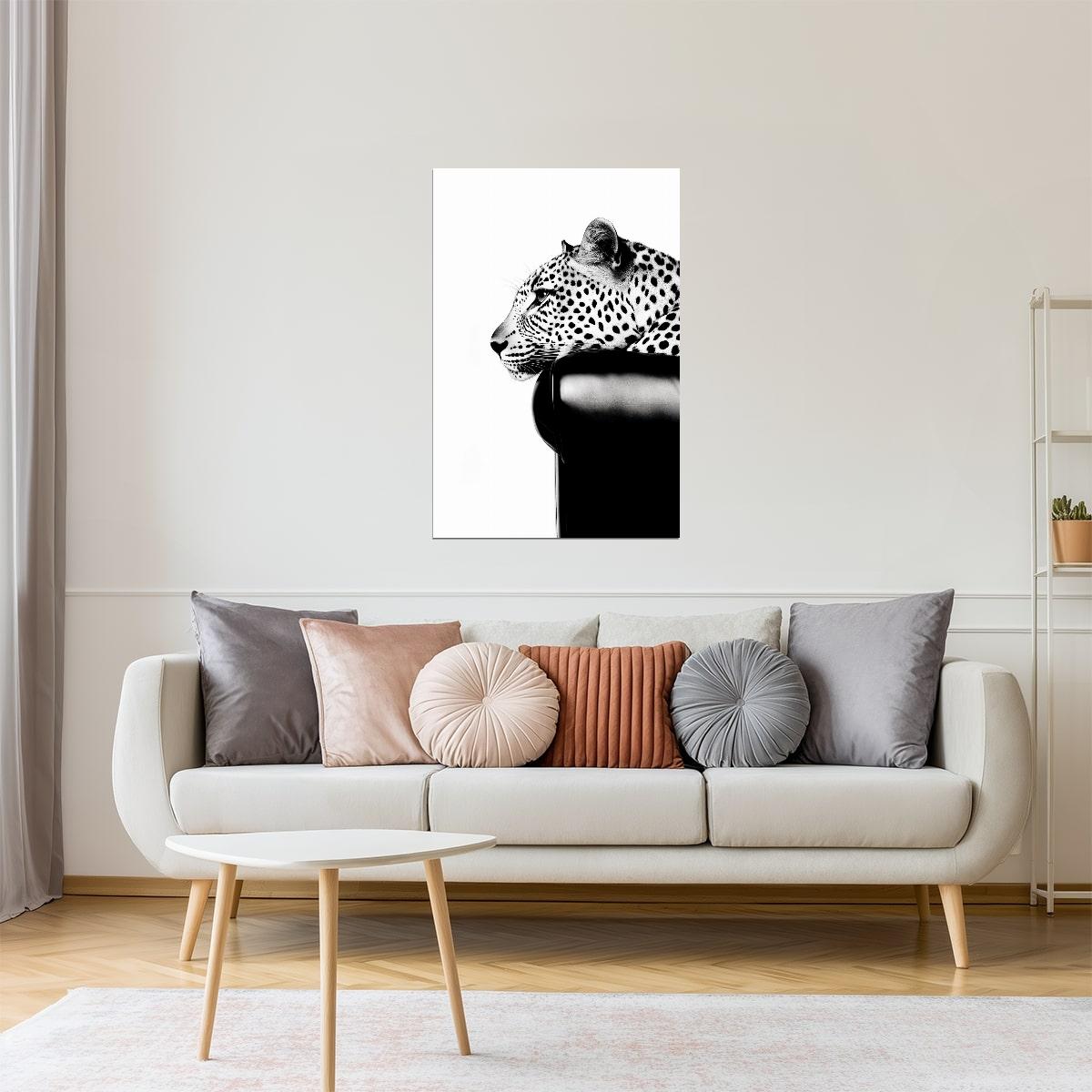 Leopard Portrait in Black & White | Minimalist Jungle Cat Art Print Poster