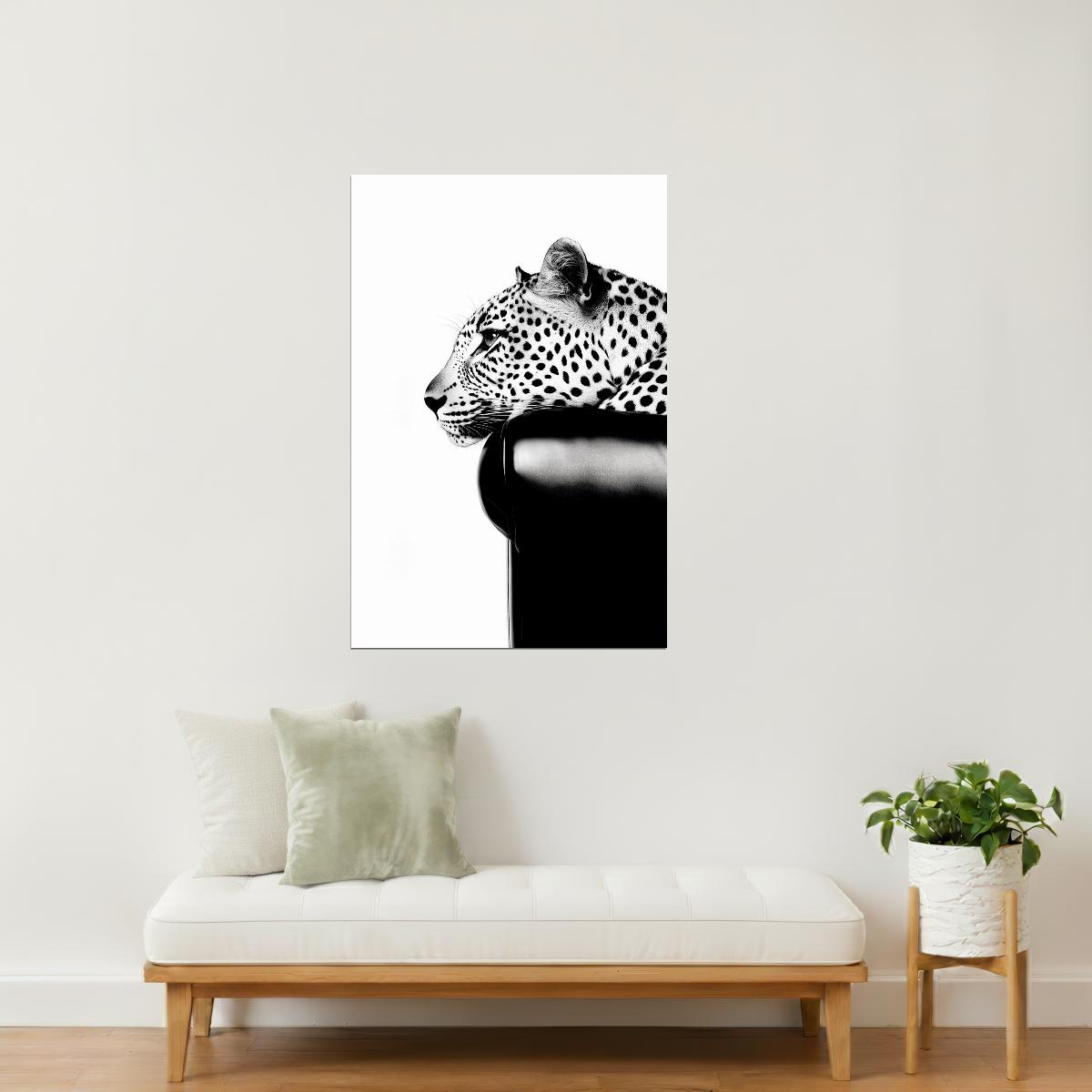 Leopard Portrait in Black & White | Minimalist Jungle Cat Art Print Poster