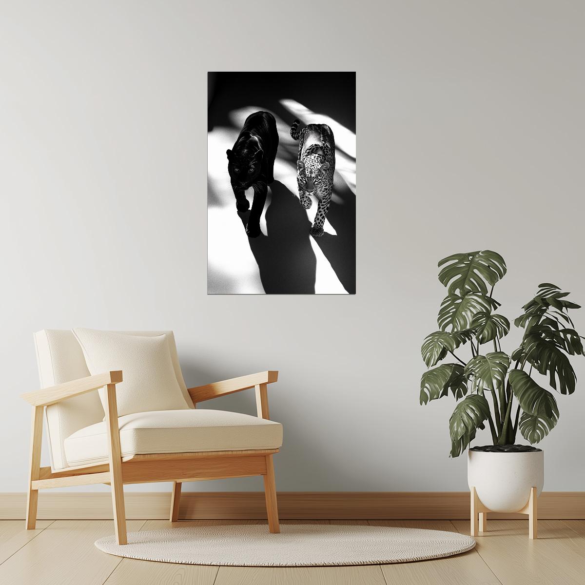 Leopard & Panther Duo in Shadows | Artistic Black & White Jungle Cat Print Poster