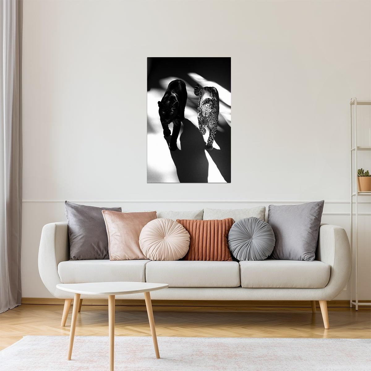 Leopard & Panther Duo in Shadows | Artistic Black & White Jungle Cat Print Poster