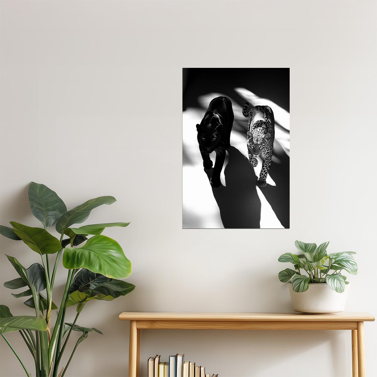Leopard & Panther Duo in Shadows | Artistic Black & White Jungle Cat Print Poster