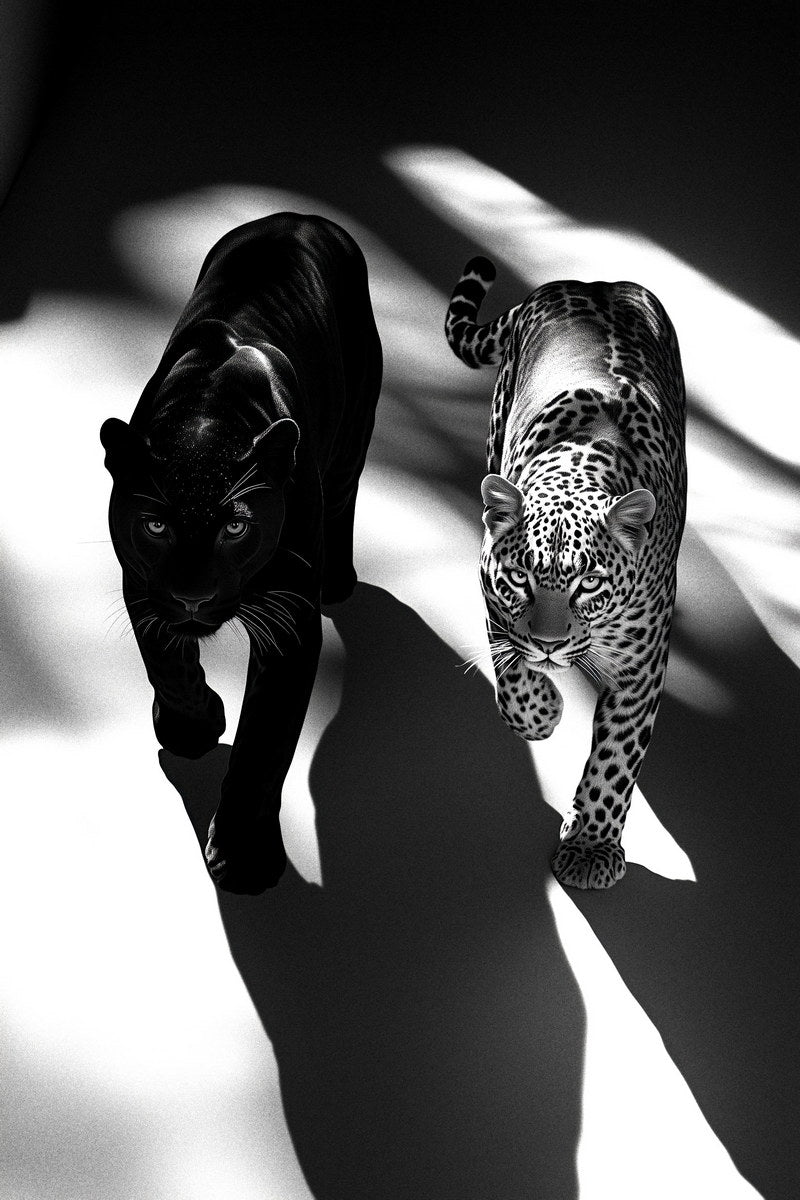 Leopard & Panther Duo in Shadows | Artistic Black & White Jungle Cat Print Poster