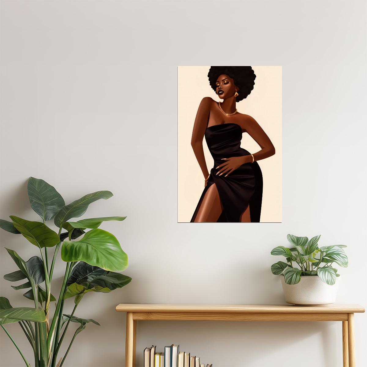 Black Woman in Elegant Black Dress | Glamorous Fashion Illustration | Wall Art Print Poster
